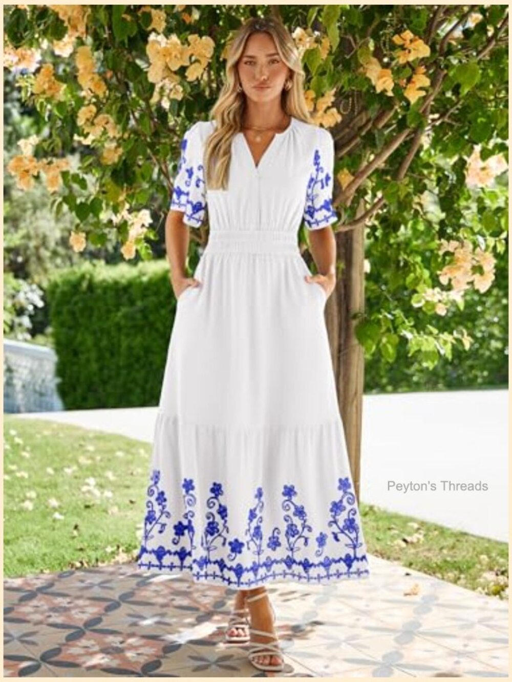 Women's Maxi Dress Short Sleeve V-Neck Embroidery Floral Boho Wedding Guest - Picture 6 of 7